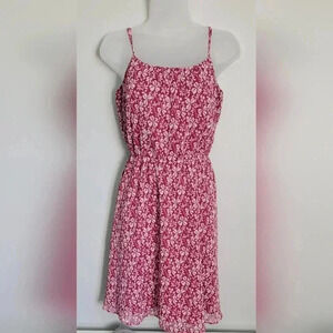 Ann Taylor Loft Floral Dress Dark Pink/White Cinched Waist Lined Women's Size Sm